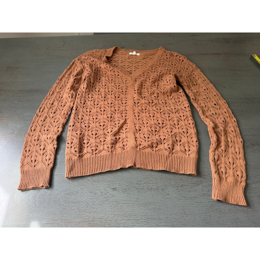 Maurices Womens Small Rust Brown Pointelle Open Knit V-Neck Sweater Long Sleeve